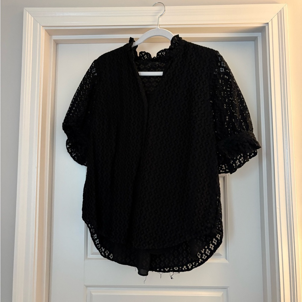 Ann Taylor Black Lace Puff-Sleeve Blouse